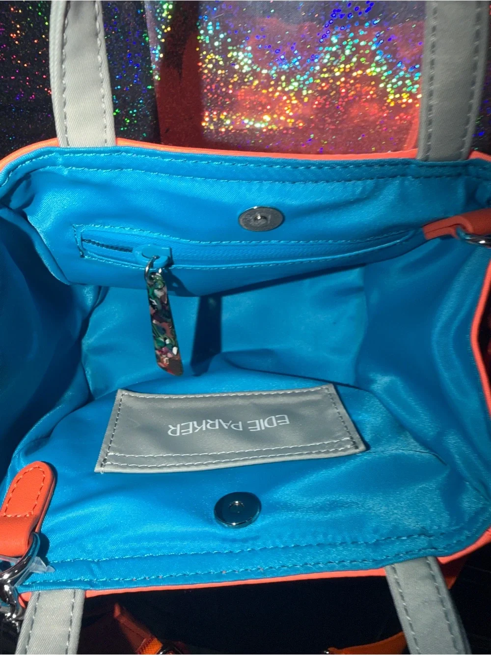 Edie Parker Neon Coral Mini Tote Crossbody Bag Orange Blue Nylon